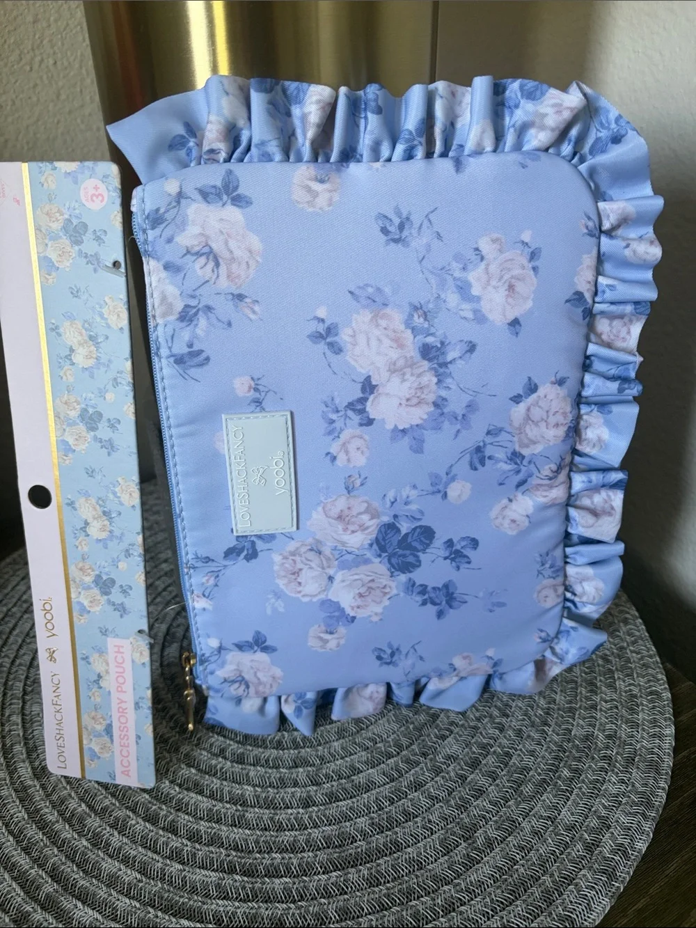 NWT Love Shack Fancy X Yoobi Everblooming Rosettes Flat Zip Ruffle Pencil Case
